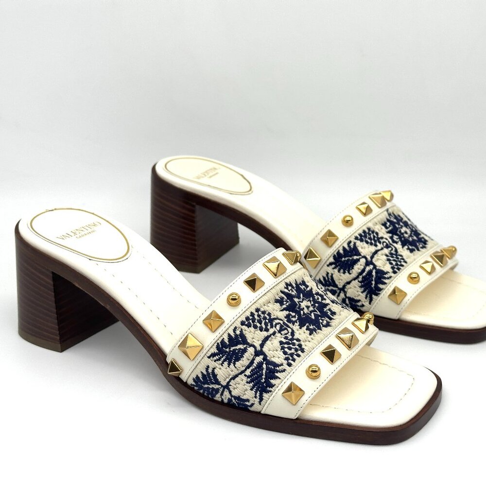 Valentino County Rockstud Slide Sandals Embroidered Mules Heels Shoes - Picture 10 of 16